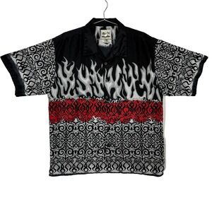 Steve & Barry's Classic Hawaiian Button Shirt Men L Black Red Flame Tribal Y2K
